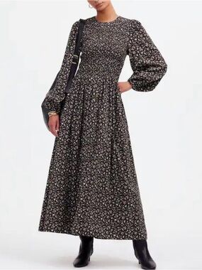 madewell The Melody Long-Sleeve Smocked Midi Dress in Dark Carob M